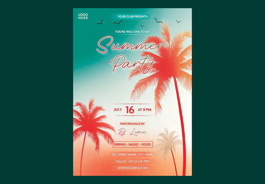 Editable Summer Party Flyer Template Design with Red Palm Trees on Gradient Tricolor Background for Event Promotion.