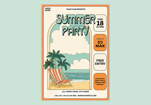 Editable Retro Style Summer Party Flyer Template Design with Empty Deck Chair and Palm Trees at Beachside for Event Promotion.