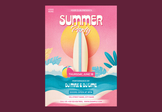 Editable Summer Party Flyer Template Design with Surfboard on Beach Waves for Event Promotion.