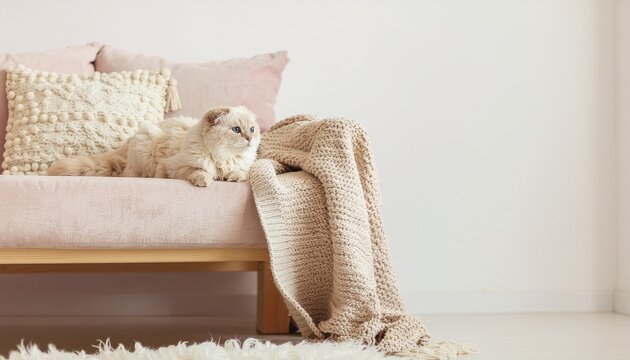 うすピンク色のソファと猫