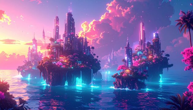 Futuristic floating city islands in a vibrant pink and blue sunset