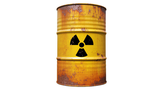 Rusty Yellow Metal Drum with Radioactive Hazard Symbol
