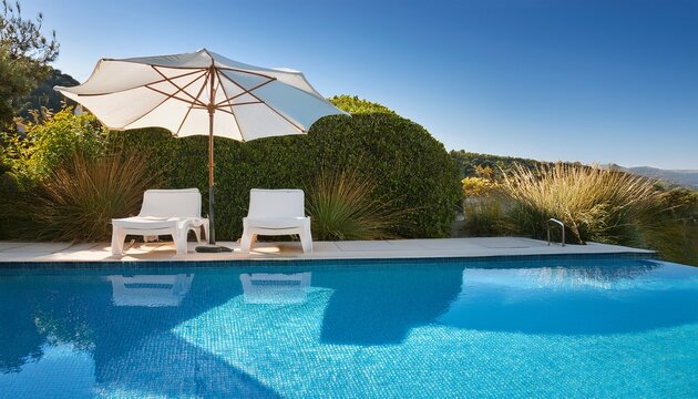 a pool with a white umbrella and two white lounge chairs