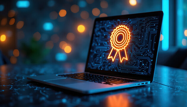 Laptop screen shows glowing award ribbon icon on circuit board background. Digital certificate online diploma concept represents academic achievement, pro qualification. Success in web based learning.