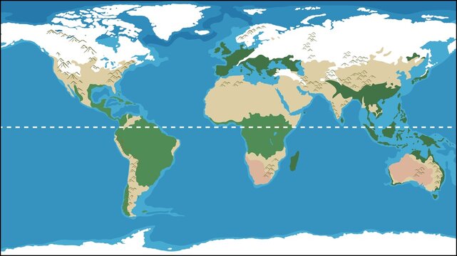 Flat world map illustration showing continents, oceans, and the equator line across the globe, highlighting geographic regions, terrain features, and global positioning in a clean style.