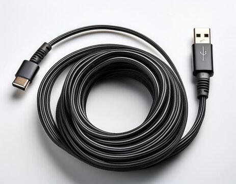 a black usb a to micro usb cable neatly coiled on a white background