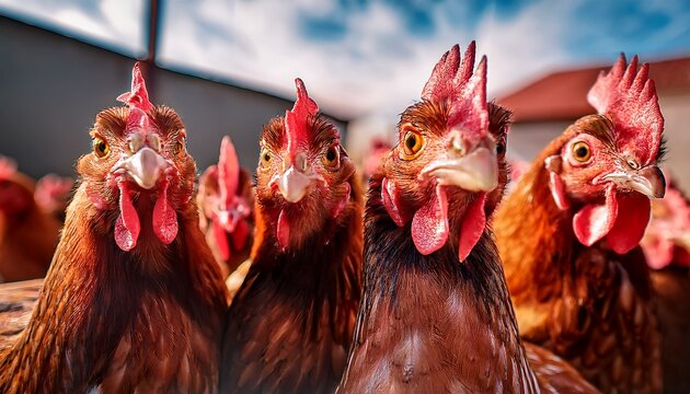 a flock of curious chickens peek into the camera close up shot generative ai
