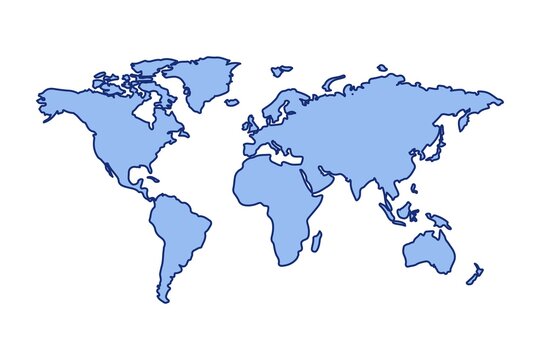 Minimalist blue world map with simplified continent outlines on a clean white background, presented in flat vector style, emphasizing global geography and clear visual balance.