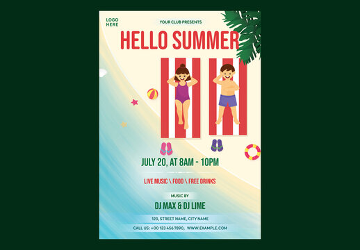 Editable Hello Summer Party Flyer Design with Kids Swimmer Relaxing on Bed Near Beachside for Event Promotion.