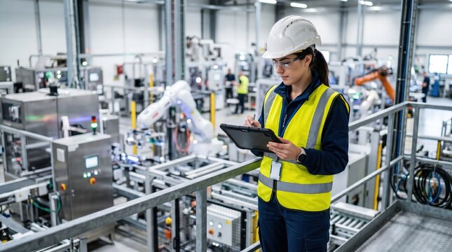 A female robotics engineer in an R and D lab uses a tablet to program an artificial intelligence cobot. She is inspecting the robotic system hardware 