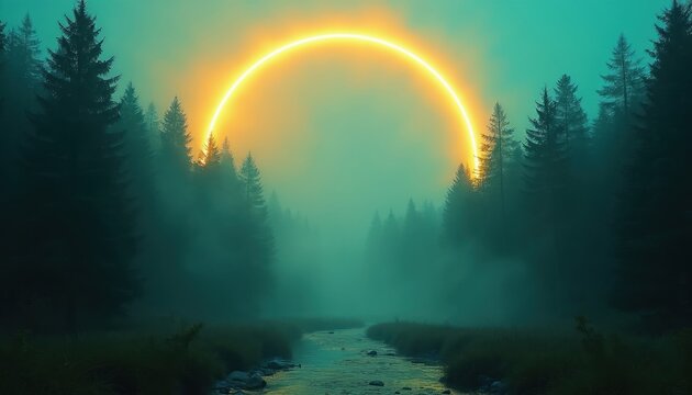 Misty forest with tall pine trees beside a winding stream. A bright yellow ring of light hangs in the sky above the evergreens. Soft fog creates an ethereal atmosphere over the serene wilderness.