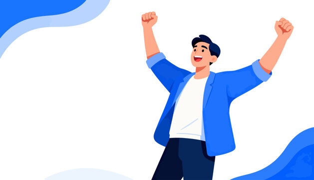 Joyful man celebrates with raised fists