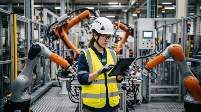 A female robotics engineer in an R and D lab uses a tablet to program an artificial intelligence cobot. She is inspecting the robotic system hardware 