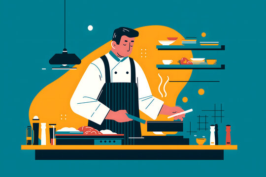 A professional chef in a clean kitchen prepares a delicious meal by cooking food in a frying pan on the stove for a restaurant service in a modern culinary setting