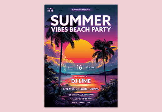 Editable Summer Vibes Party Flyer Design with Sunset Beach Scene for Event Promotion.