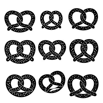 Set of Black and White Pretzel Icons: Various Styles and Sizes
