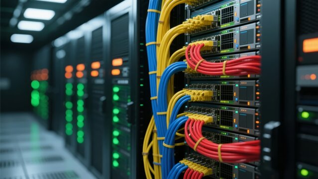 Server rack with network cables and illuminated indicators in a data center
