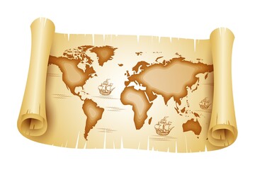 Vintage parchment world map scroll with curled edges, featuring stylized continents and decorative sailing ships, rendered in warm sepia tones from a flat, centered perspective. © Umm Hamzah