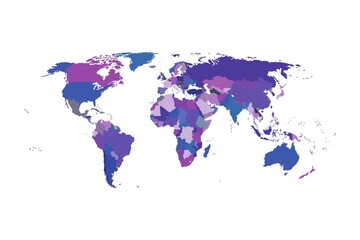 Colorful political world map displaying countries in varying shades of blue and purple on a clean white background, presented in a flat, modern style with clear borders and geographic detail. © Umm Hamzah