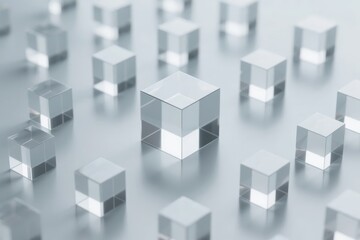 Obraz premium Transparent glass cubes arranged in a grid pattern on a reflective surface