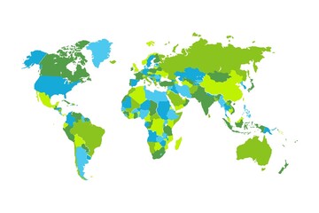 Fototapeta premium Colorful political world map with countries shaded in green and blue tones, displayed on a clean white background; flat design emphasizes global geography, borders, and regional diversity.
