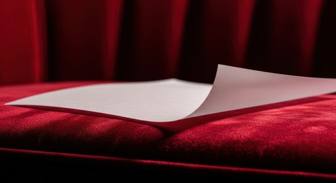 A single sheet of translucent vellum paper rests on luxurious red velvet drapes, evoking historical documents and artistic inspiration.