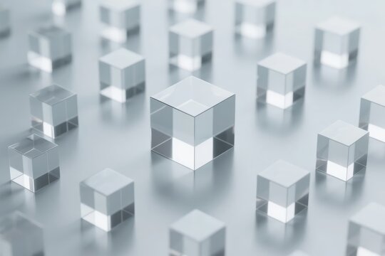Transparent glass cubes arranged in a grid pattern on a reflective surface