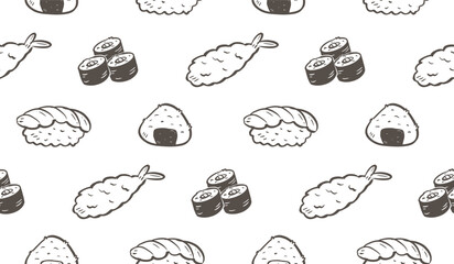 Sushi rolls doodle background. Japanese food pattern background. Cute Asian culinary seamless pattern for kids. Japan cuisine hand drawn pattern with Sushi, Maki, Nigiri, Onigiri, Tempura. © Dean