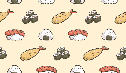 Sushi rolls doodle background. Japanese food pattern background. Cute Asian culinary seamless pattern for kids. Japan cuisine hand drawn pattern with Sushi, Maki, Nigiri, Onigiri, Tempura. © Dean