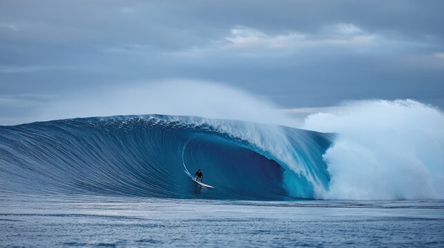 Surfer rides giant ocean wave under overcast sky