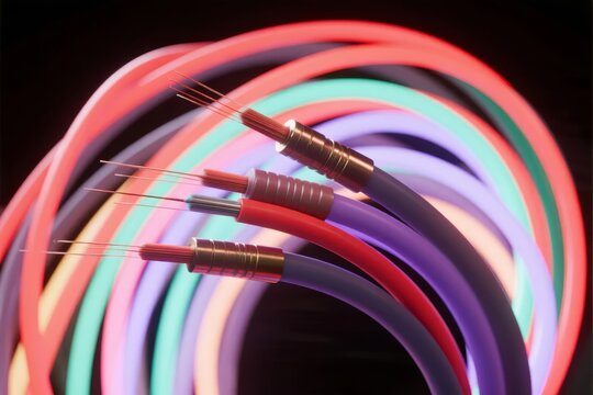 Colorful coiled cables with exposed wires and metallic connectors against a dark background