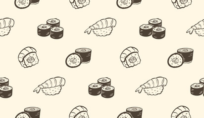 Sushi rolls doodle background. Japanese food pattern background. Cute Asian culinary seamless pattern for kids. Japan cuisine hand drawn pattern with Sushi, Maki, Nigiri. © Dean