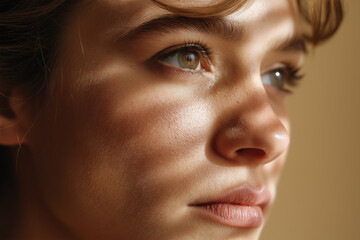 Fototapeta premium Young woman portrait close up with warm soft light and faint shadow across face, detailed skin texture and contemplative expression