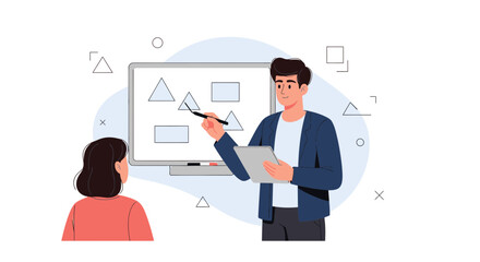 Fototapeta premium Teacher Explaining Geometry Shapes on Whiteboard to Student, Online Education Concept