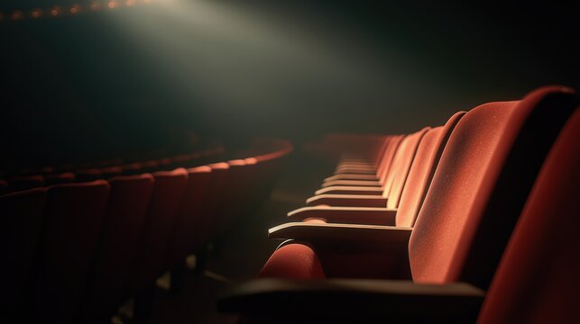 Empty red velvet seats in dark movie theater illuminated by single spotlight. Rows of chairs in cinema auditorium. Entertainment, cultural event and performance art venue concept.