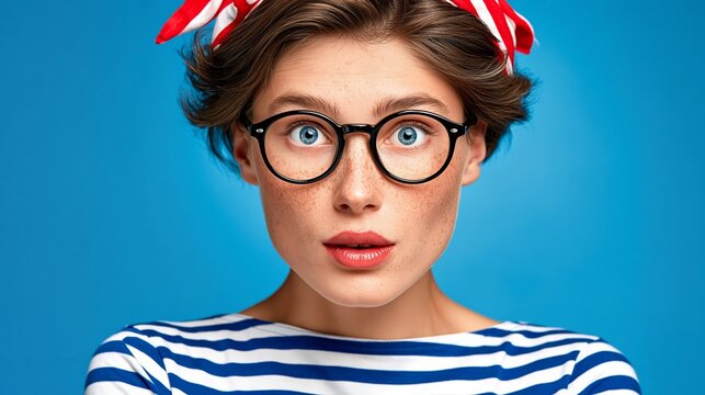 Young woman with short brown hair wearing round glasses and a red and white striped shirt poses against a bright blue background, red headband adds a playful touch