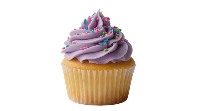 Purple frosted cupcake with colorful sprinkles on yellow wrapper