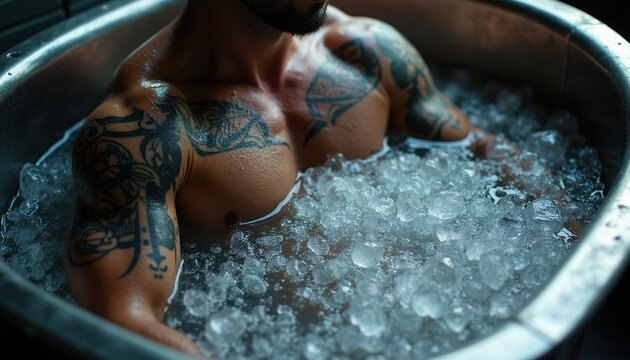 Man with tattoos soaks in metal tub filled with ice and cold water. Athlete recovers after workout in chilly bath. Body chills for muscle repair and refreshment.