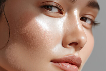 Fototapeta premium Glowing close up portrait of smooth cheekbone with shifting sunlight highlight, dewy skin texture, soft lips and long eyelashes conveying serene confidence and luminous skincare glow