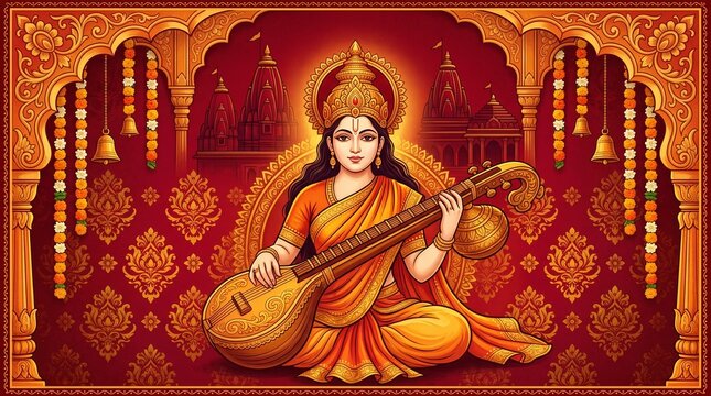 Digital Illustration of Narada Muni Celebrating Jayanti with Traditional Attire and Musical Instrument in a Divine Setting