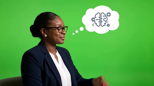 Businesswoman thinking about technology solutions.