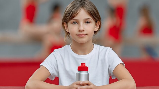 Young girl with brown hair wearing a white t-shirt sits at a table holding a silver water bottle, with gymnasts in red leotards practicing in the background