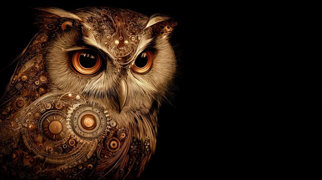 Intricate mechanical owl portrait against black background