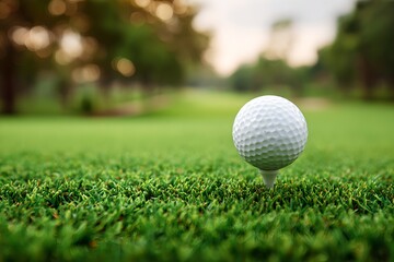 Obraz premium A golf ball ready to be struck on the tee in a meticulously maintained green