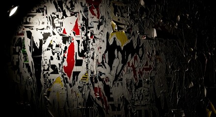Fototapeta premium dark urban wall with torn colorful posters and graffiti