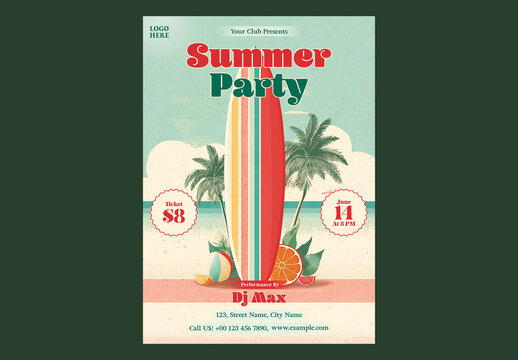 Editable Summer Party Flyer Design with Beach Elements for Event Promotion.