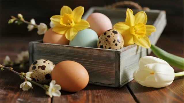 Colorful Easter eggs and spring flowers in a wooden crate on a rustic table