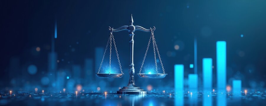 Balance scales on circuit board with glowing data streams and bar charts. Legal or financial assessment concept with digital technology integration. Fair judgment and data analysis theme.