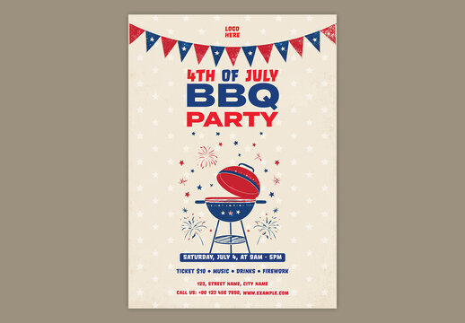 Editable 4th of July Independence Day BBQ Party Flyer Design with American Flag Theme and Patriotic Celebration Elements.