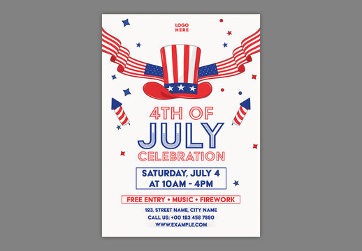 Editable 4th of July Independence Day Celebration Flyer Design with American Flag Theme and Uncle Sam Hat on White Background.